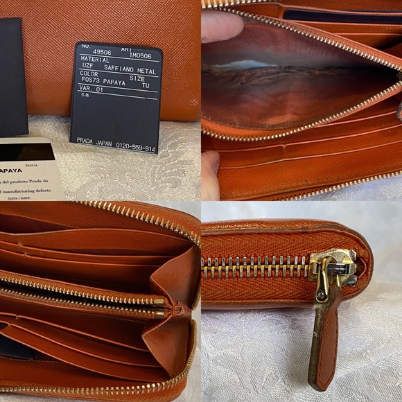 Prada Papaya Saffiano Leather & Gold Logo Long Zip-around  Wallet Fall color 103 - Picture 4 of 7